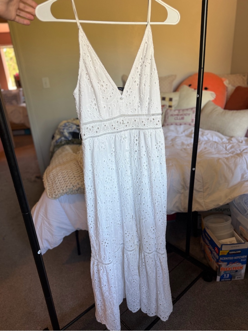 Simple White Eyelet V-Neck Maxi Dress